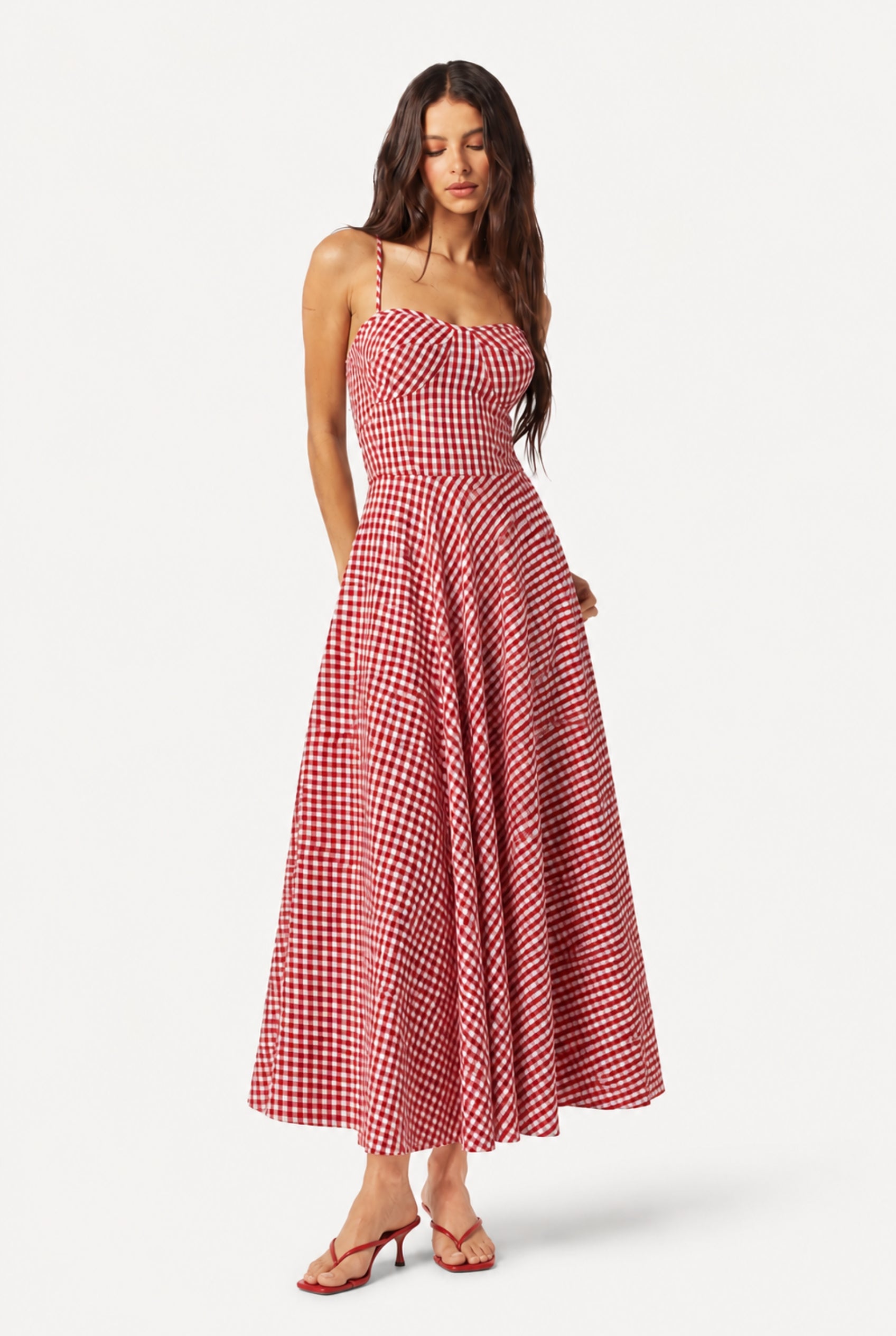 Scarlet Gingham Midi Dress with Spaghetti Straps