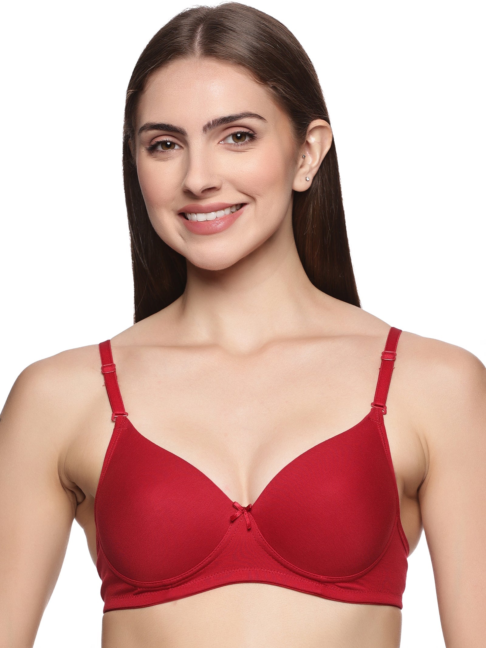 Pack of 4 Bra Signature Thin Padded High Coverage Seamless Everyday Bra with Detachable Straps Red, Maroon, Black & English Blue