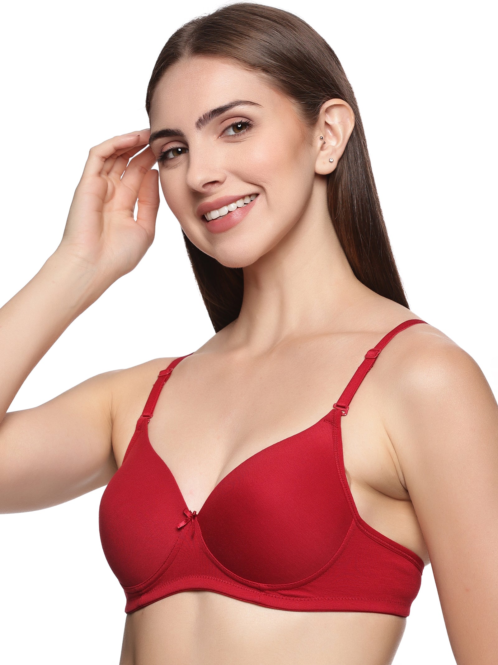 Pack of 4 Bra Signature Thin Padded High Coverage Seamless Everyday Bra with Detachable Straps Red, Maroon, Black & English Blue