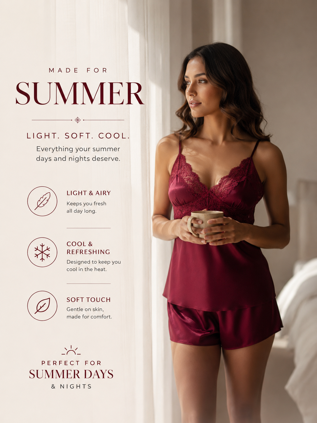 Luxurious Wine Red Silk Satin 5-Piece Women’s Nightwear Set