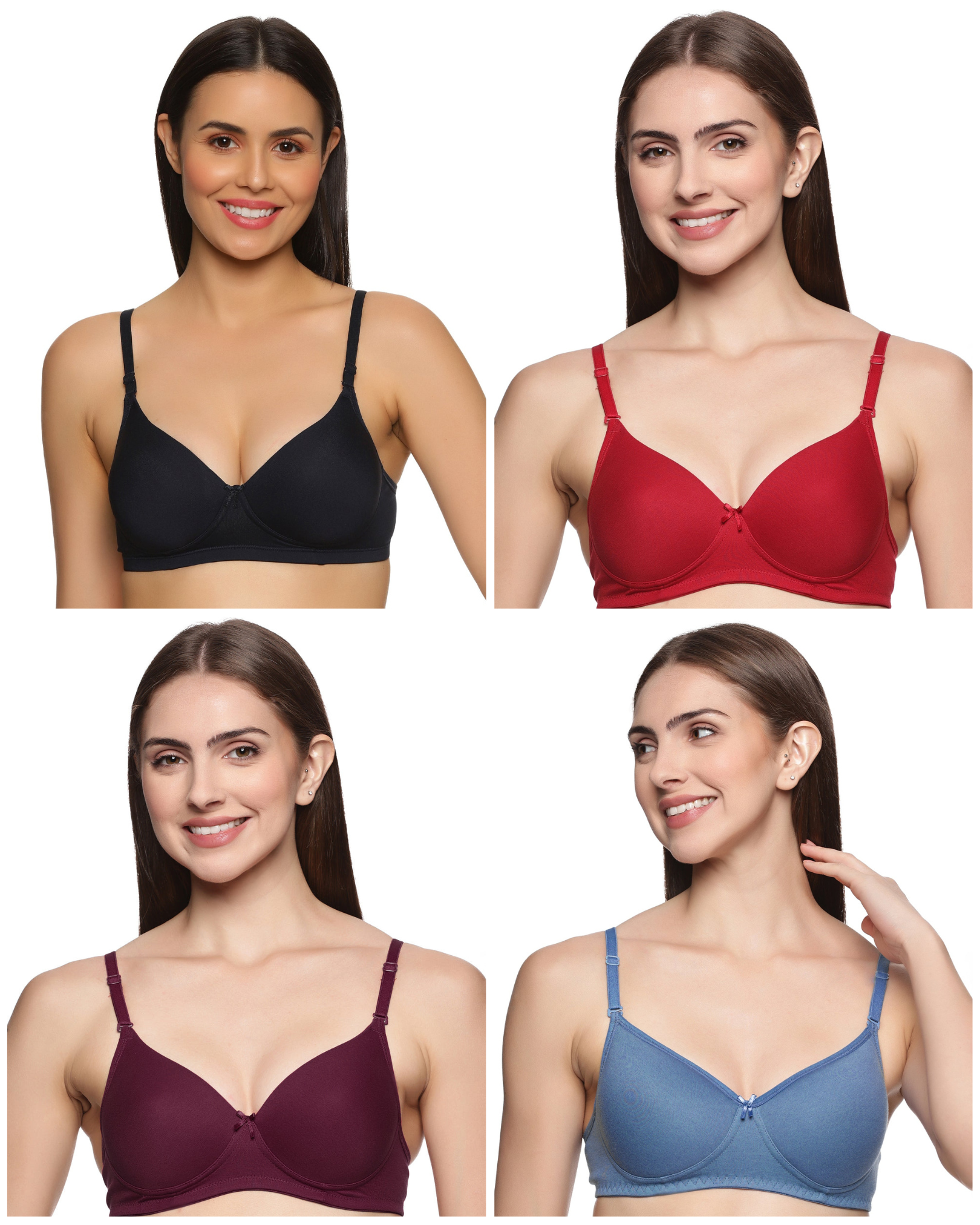 Pack of 4 Bra Signature Thin Padded High Coverage Seamless Everyday Bra with Detachable Straps Red, Maroon, Black & English Blue