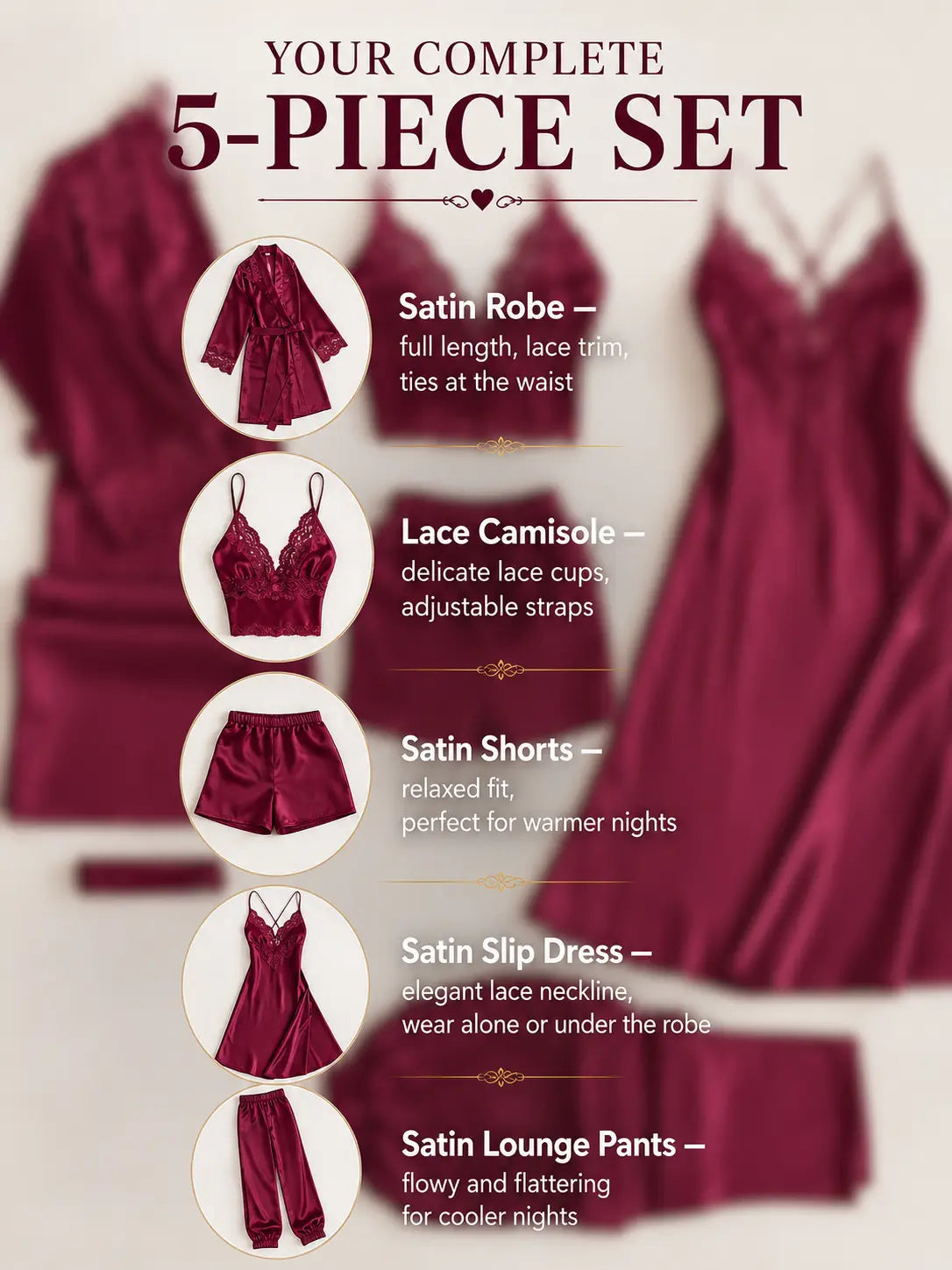 Luxurious Wine Red Silk Satin 5-Piece Women’s Nightwear Set