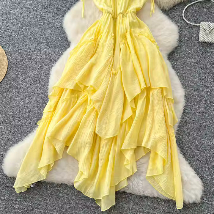 Fairycore Asymmetric Tunic Slim Casual Midi Dress for Women Ruffled Lace Dress Yellow