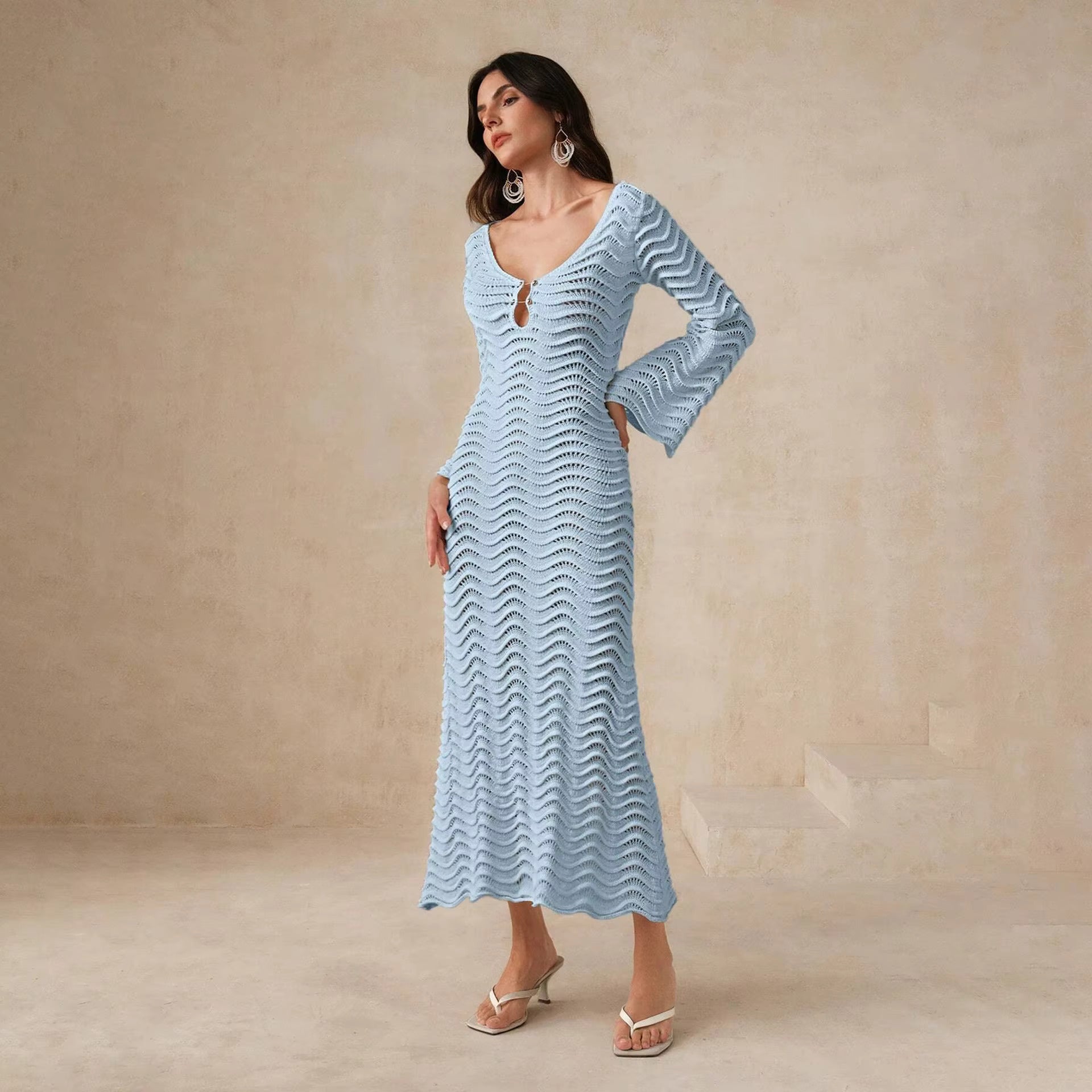 Crochet Knit Long Flare Sleeve Bodycon Dress Serenity Blue Crochet Knit Long Flare Sleeve Bodycon Dress Serenity Blue