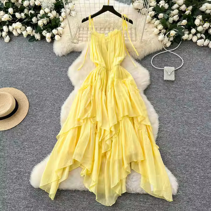 Fairycore Asymmetric Tunic Slim Casual Midi Dress for Women Ruffled Lace Dress Yellow