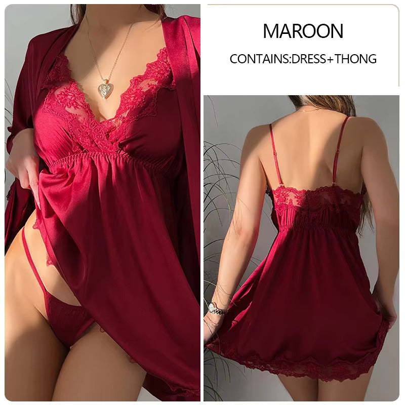 New Hot Sexy Lace Trim Silk Satin Nightgown