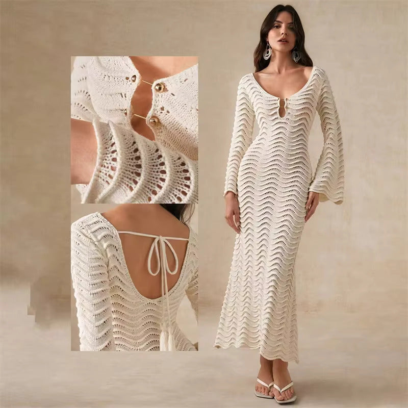 Crochet Knit Long Flare Sleeve Bodycon Dress Ivory