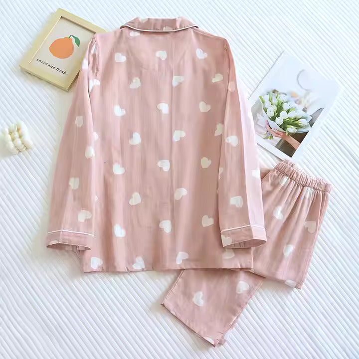 Cute Heart Print Cotton Pajama Set – 2-Piece Loungewear for Women