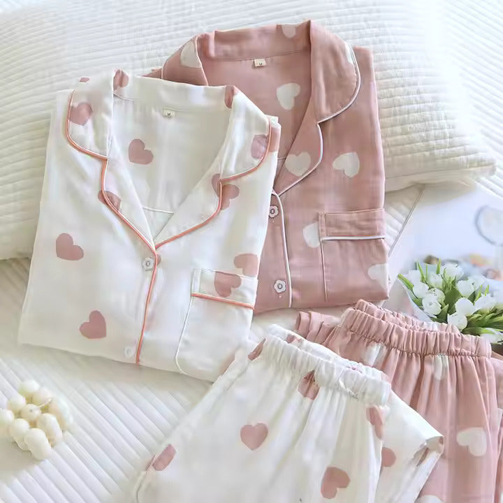 Cute Heart Print Cotton Pajama Set – 2-Piece Loungewear for Women