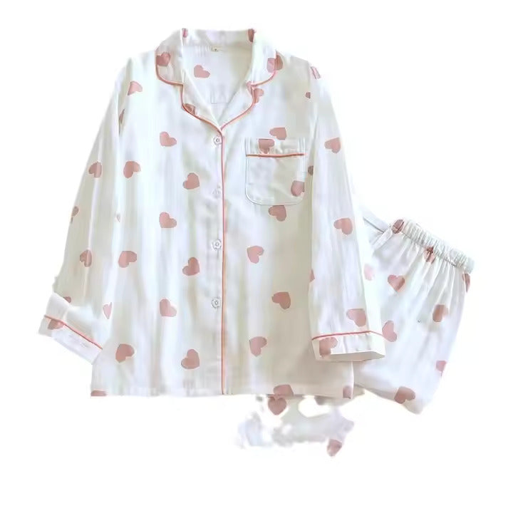 Cute Heart Print Cotton Pajama Set – 2-Piece Loungewear for Women