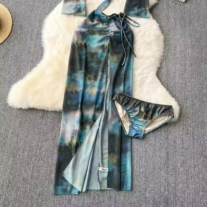 Chic Tie-dye Three-piece Beachwear Set