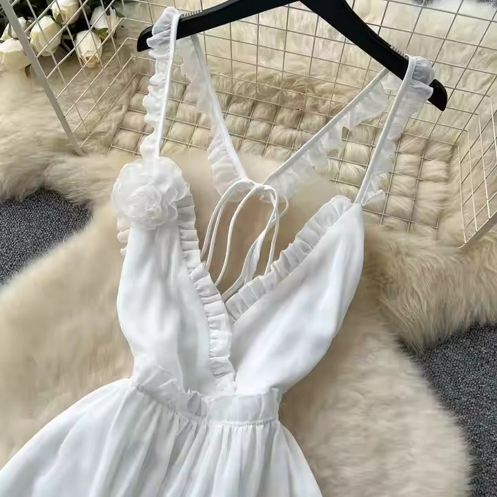 Deep V-Neck 3d Floral Strap Dress With High Slit Women'S Maxi Gown Summer Vacation Dress