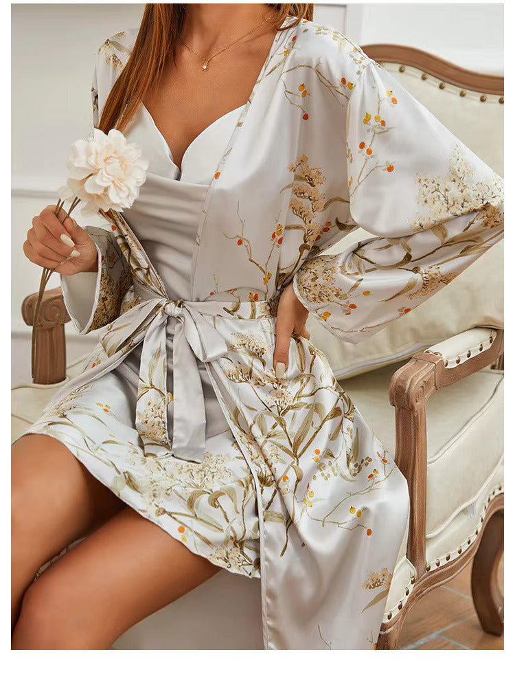 Elegant Floral Satin Nightwear Set – Cowl Neck Slip Dress with Matching Robe
