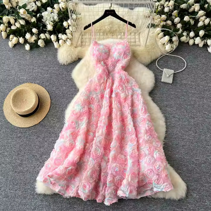 Summer Elegant Tunic Casual Midi Dress for Women Sleeveless 3D Lace Ve