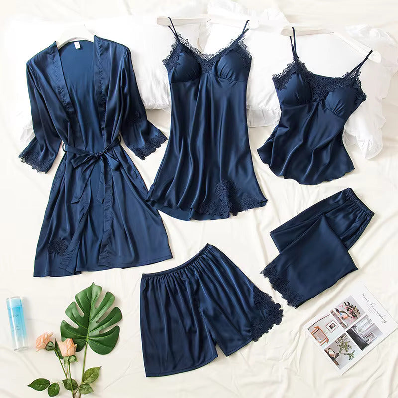 Luxury Silk Satin 5 Pieces Loungewear Set Royal Blue