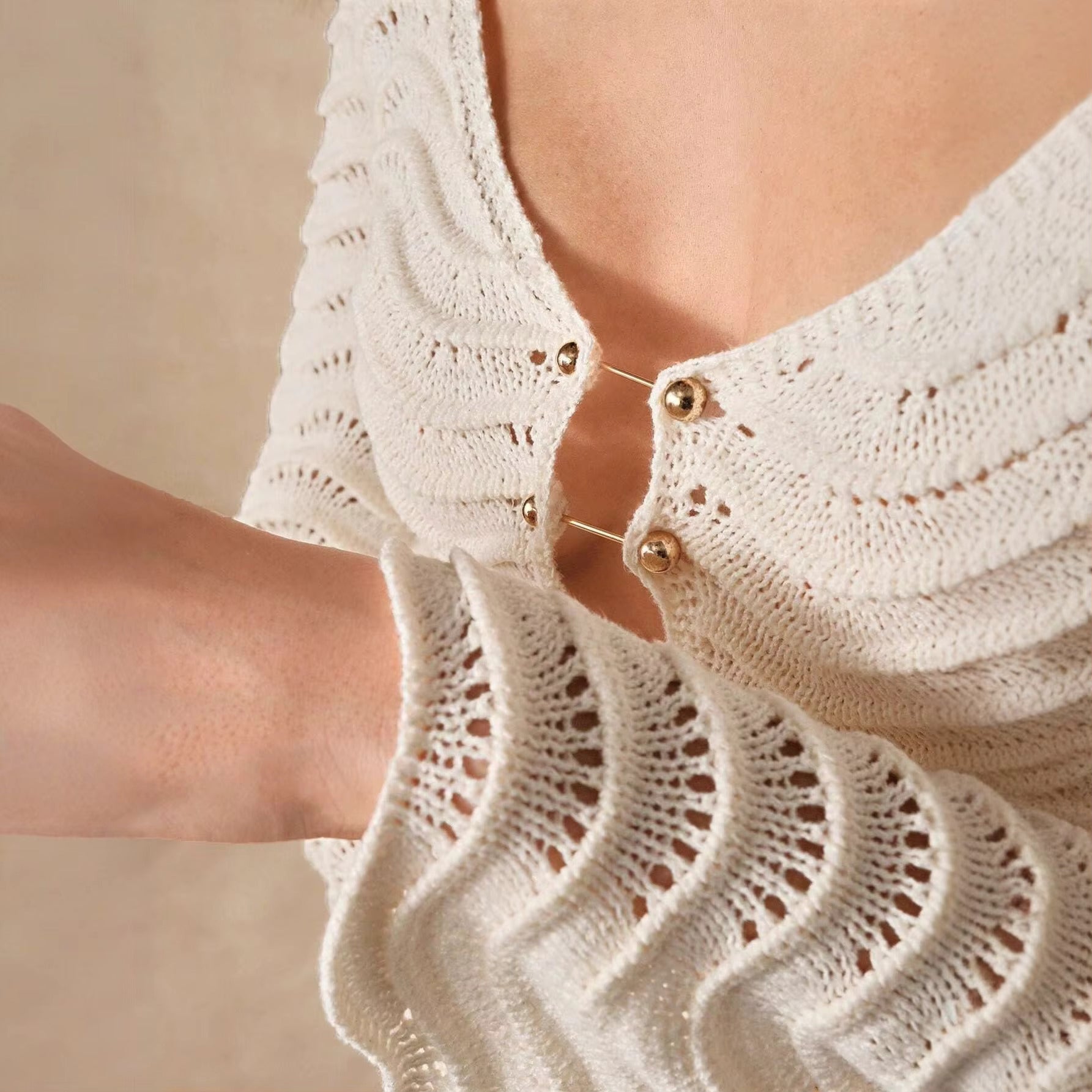 Crochet Knit Long Flare Sleeve Bodycon Dress Ivory