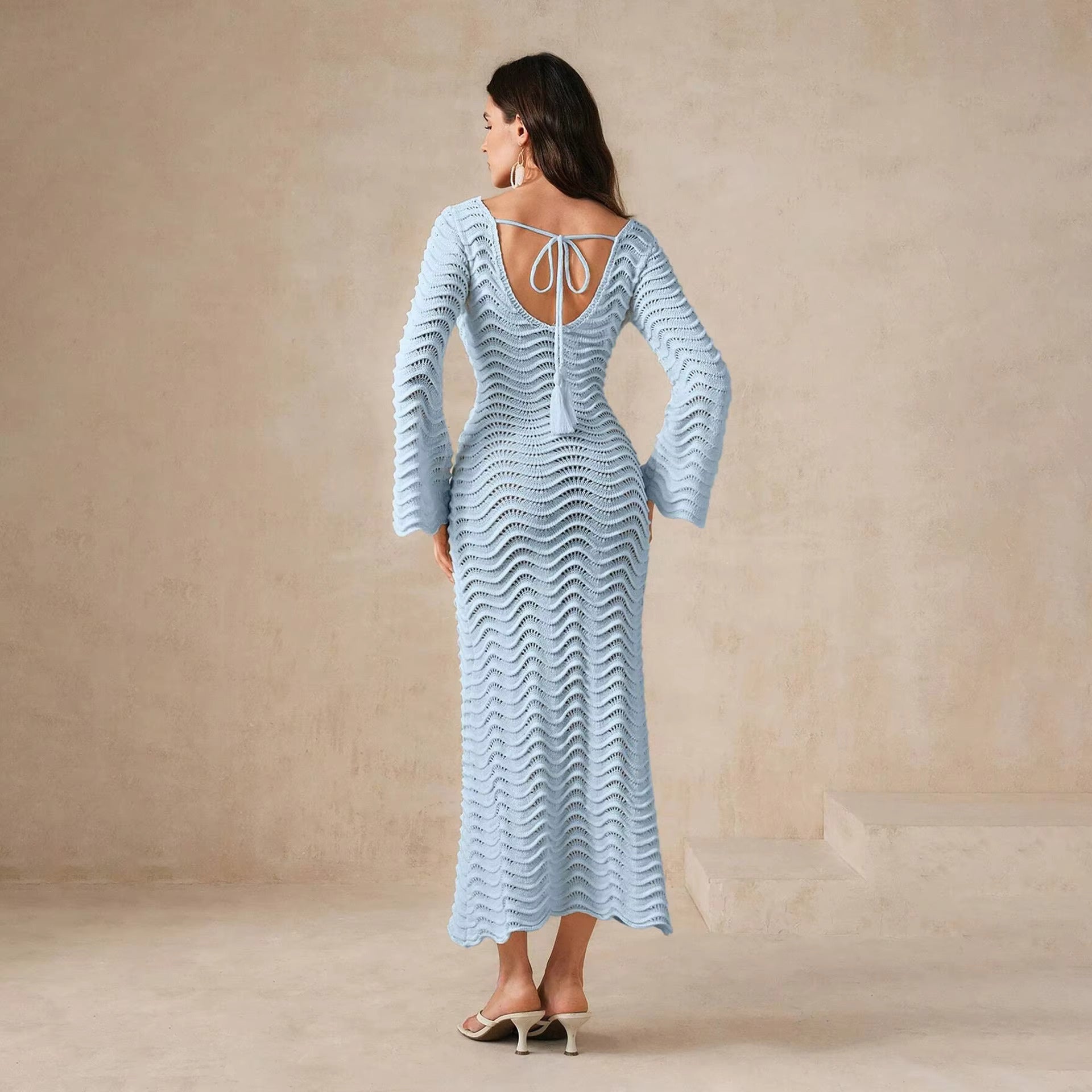 Crochet Knit Long Flare Sleeve Bodycon Dress Serenity Blue