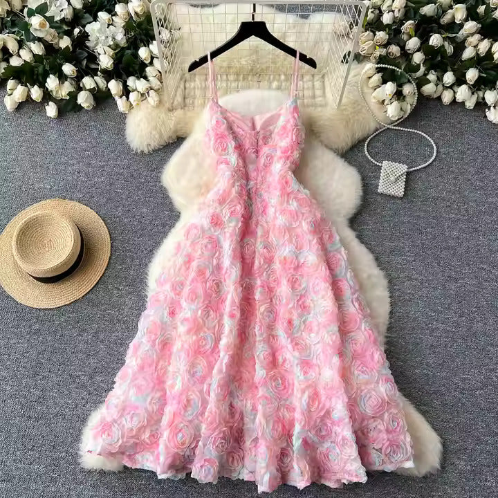 Summer Elegant Tunic Casual Midi Dress for Women Sleeveless 3D Lace Vestidos