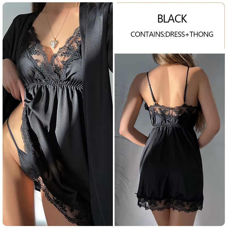New Hot Sexy Lace Trim Silk Satin Nightgown