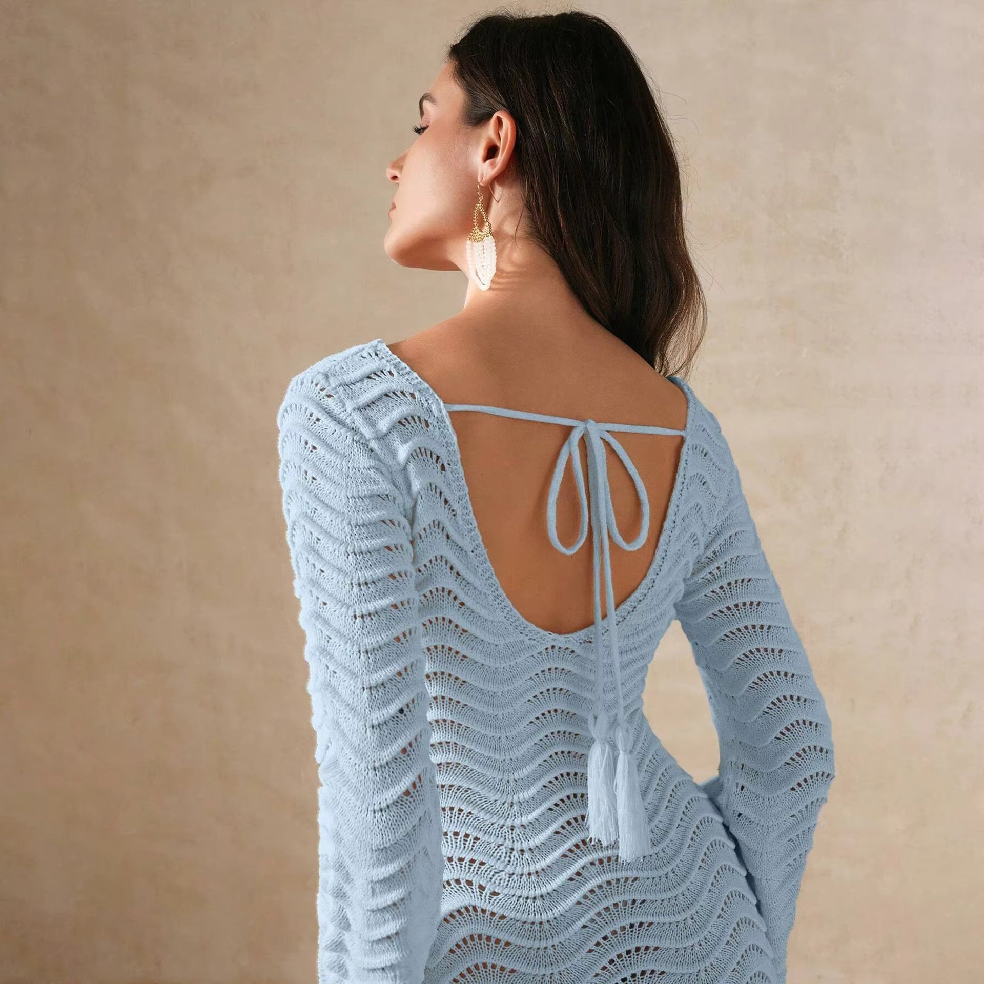 Crochet Knit Long Flare Sleeve Bodycon Dress Serenity Blue