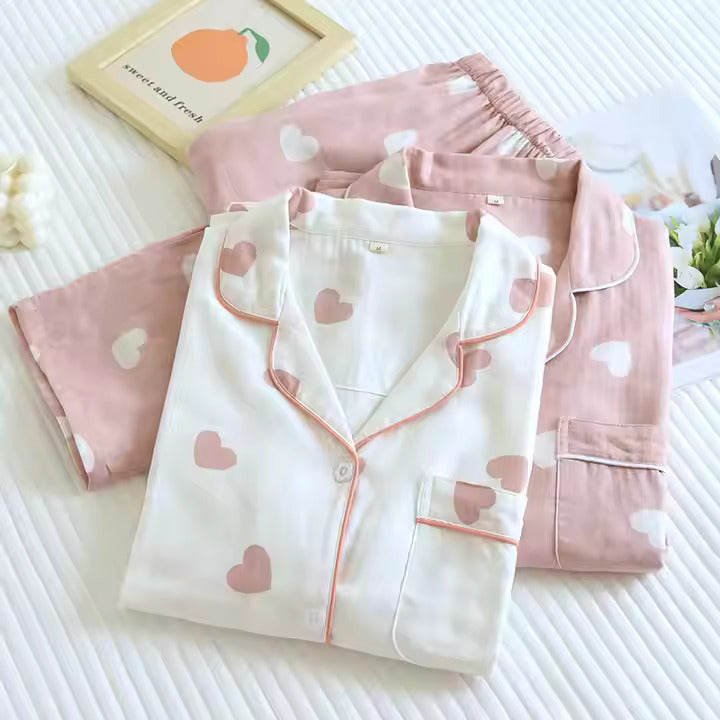 Cute Heart Print Cotton Pajama Set – 2-Piece Loungewear for Women