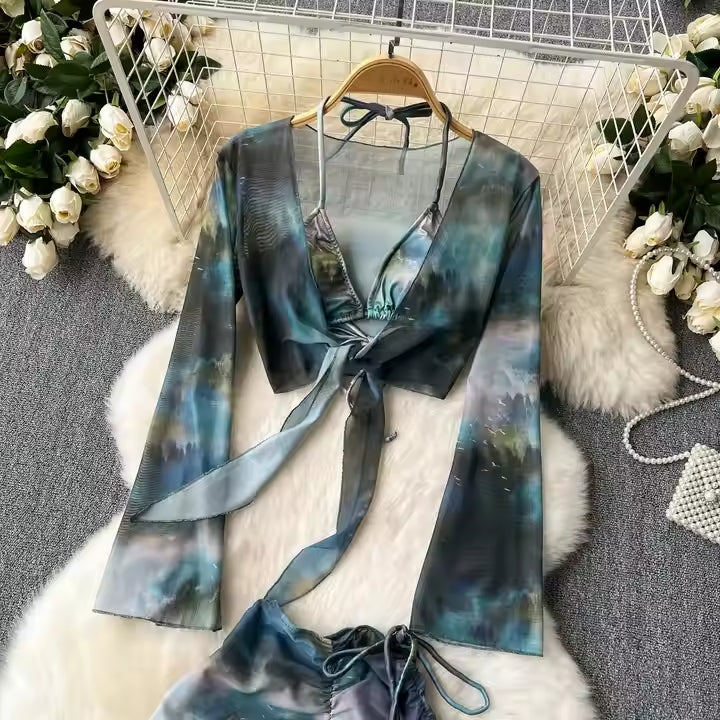 Chic Tie-dye Three-piece Beachwear Set