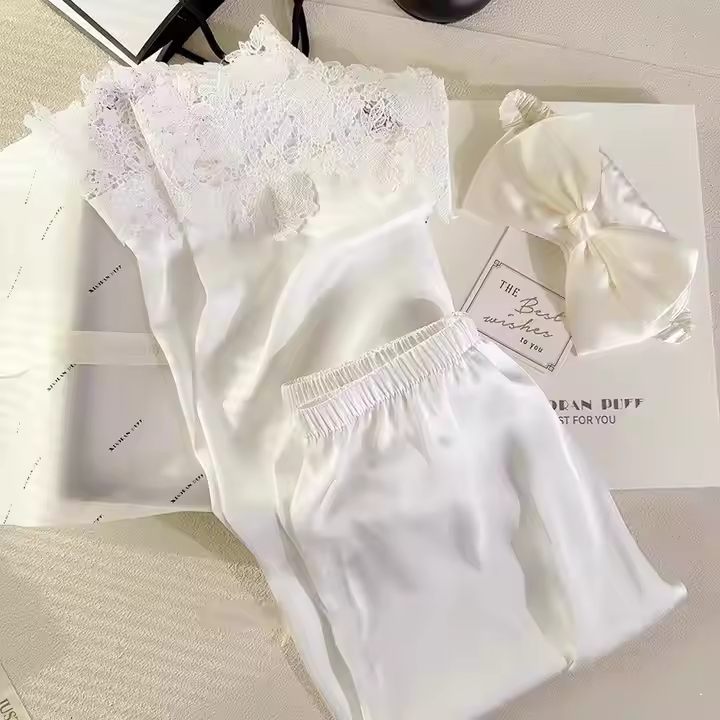 Women's Silk Luxury Women Sleepwear Sets Satin Pearl White