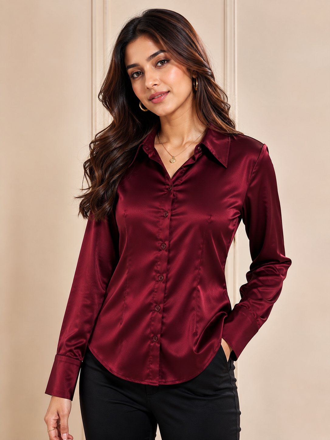 Wine Red Luxe Satin Corset Shirt – Sculpted Fit Edition