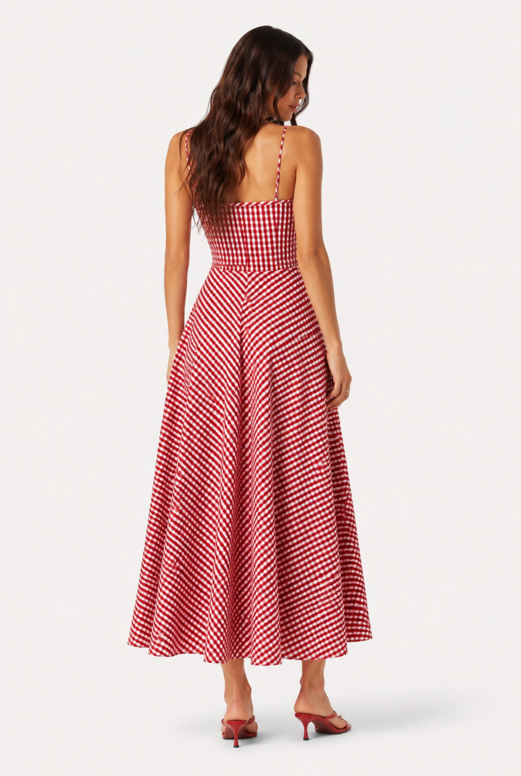 Scarlet Gingham Midi Dress with Spaghetti Straps