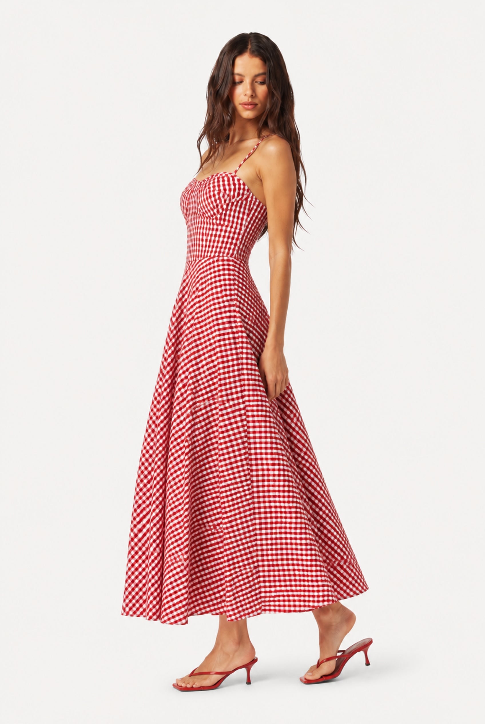 Scarlet Gingham Midi Dress with Spaghetti Straps