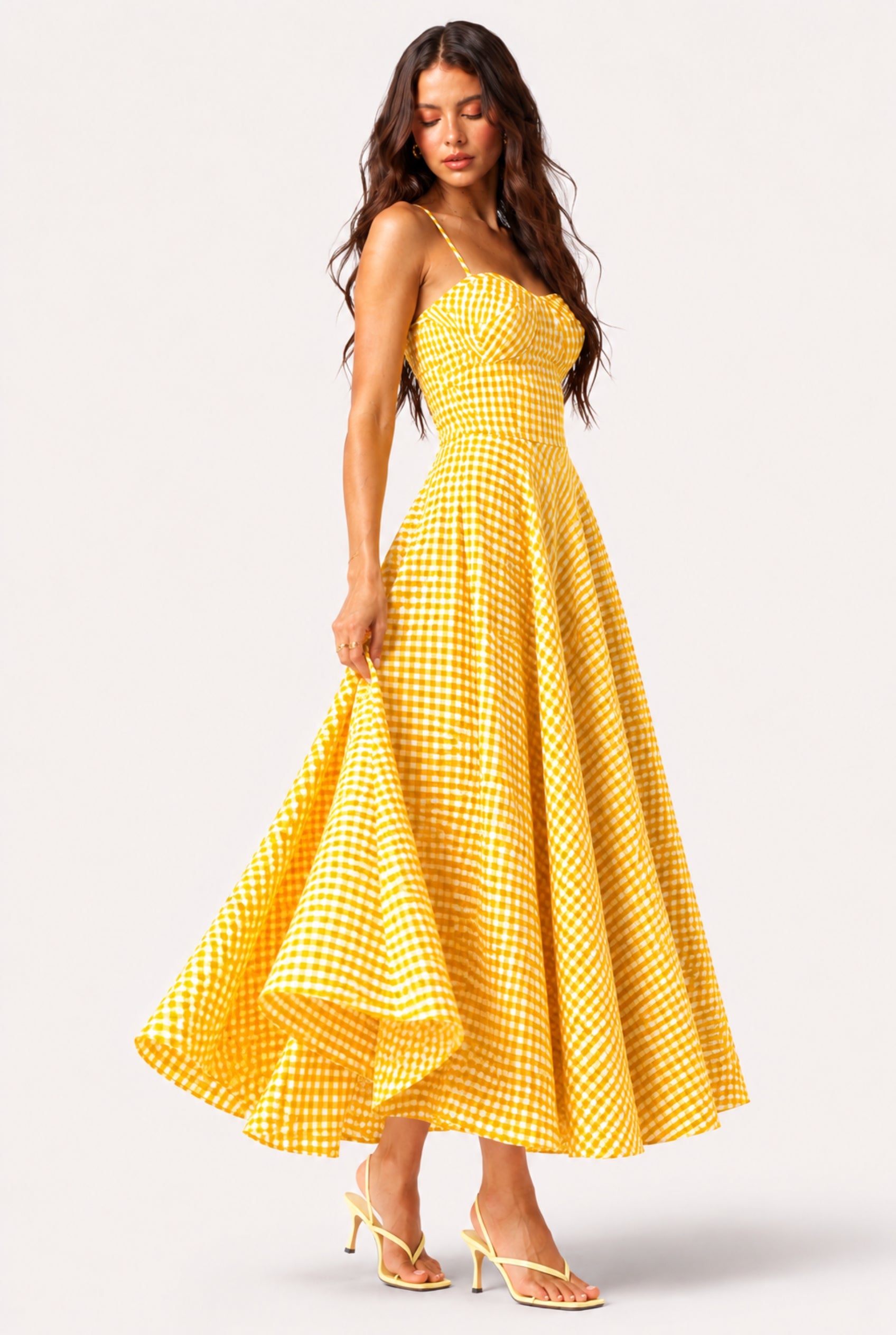 Scarlet Gingham Midi Dress with Spaghetti Straps