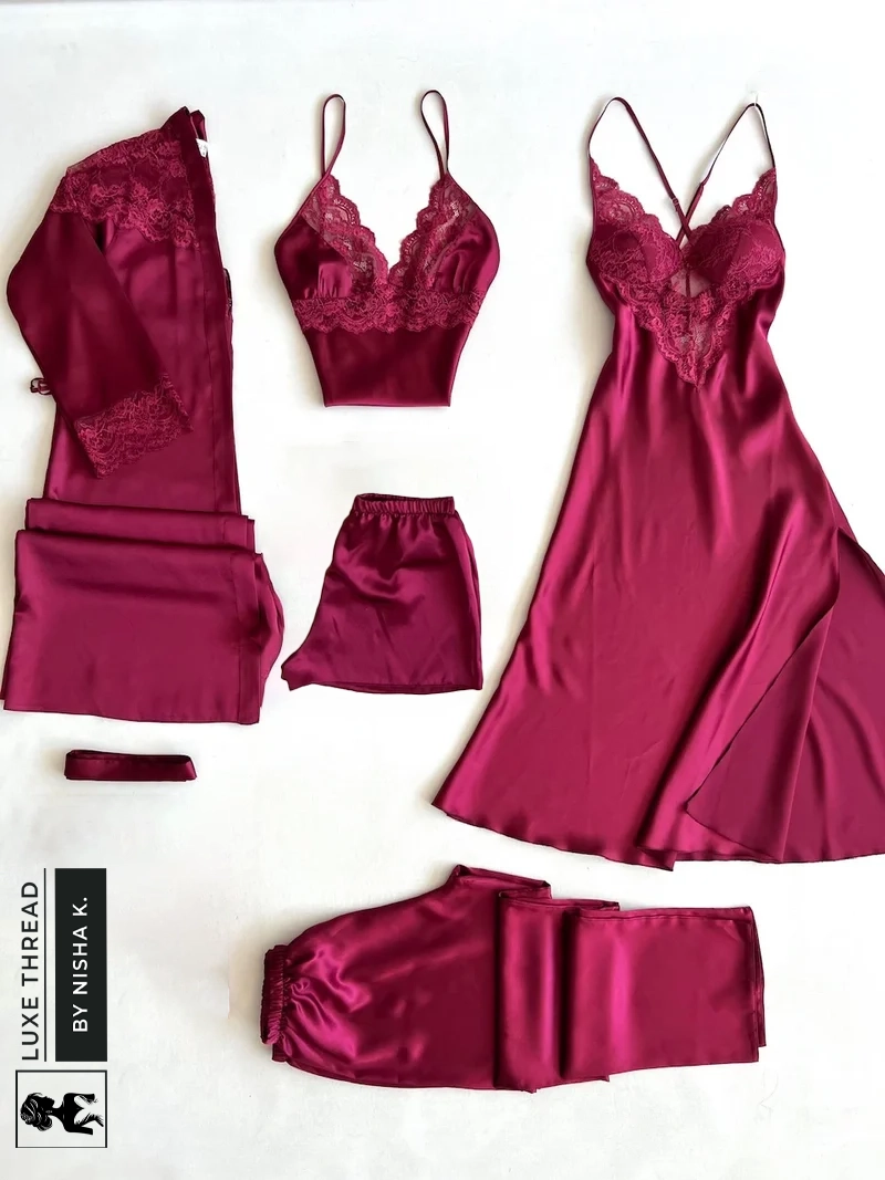 Elegant Silk Satin Nightwear 5-Piece Women’s Sleepwear Set – Wine Red