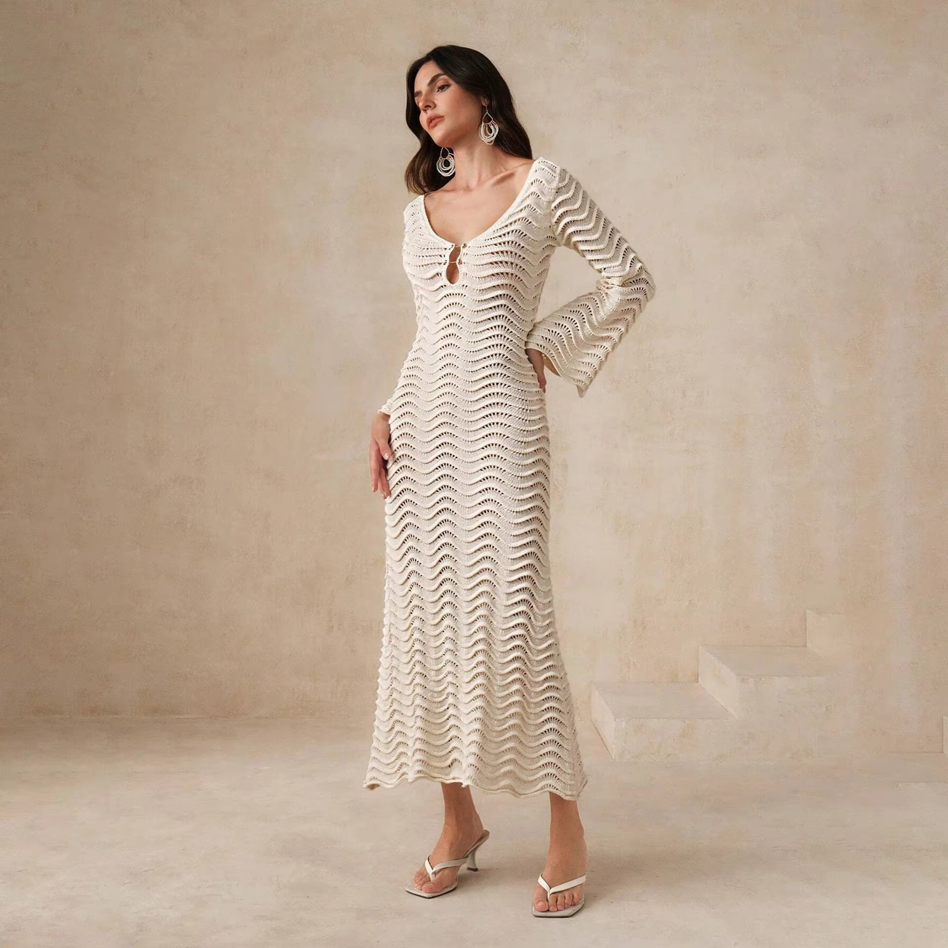 Crochet Knit Long Flare Sleeve Bodycon Dress Ivory