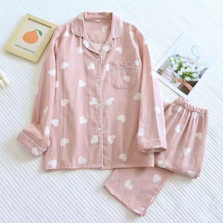 Cute Heart Print Cotton Pajama Set – 2-Piece Loungewear for Women