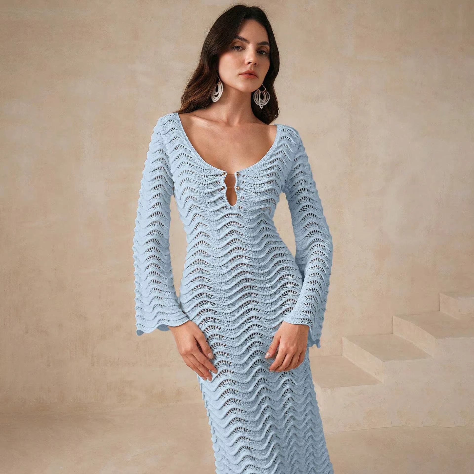 Crochet Knit Long Flare Sleeve Bodycon Dress Serenity Blue