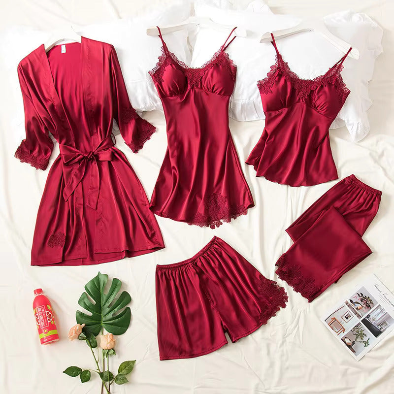 Luxury Silk Satin 5 Pieces Loungewear Set Black