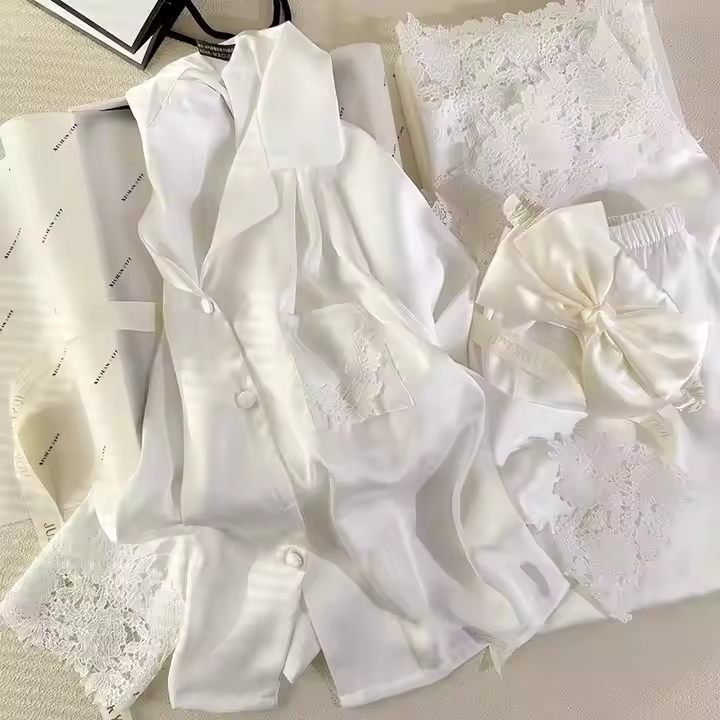 Women's Silk Luxury Women Sleepwear Sets Satin Pearl White