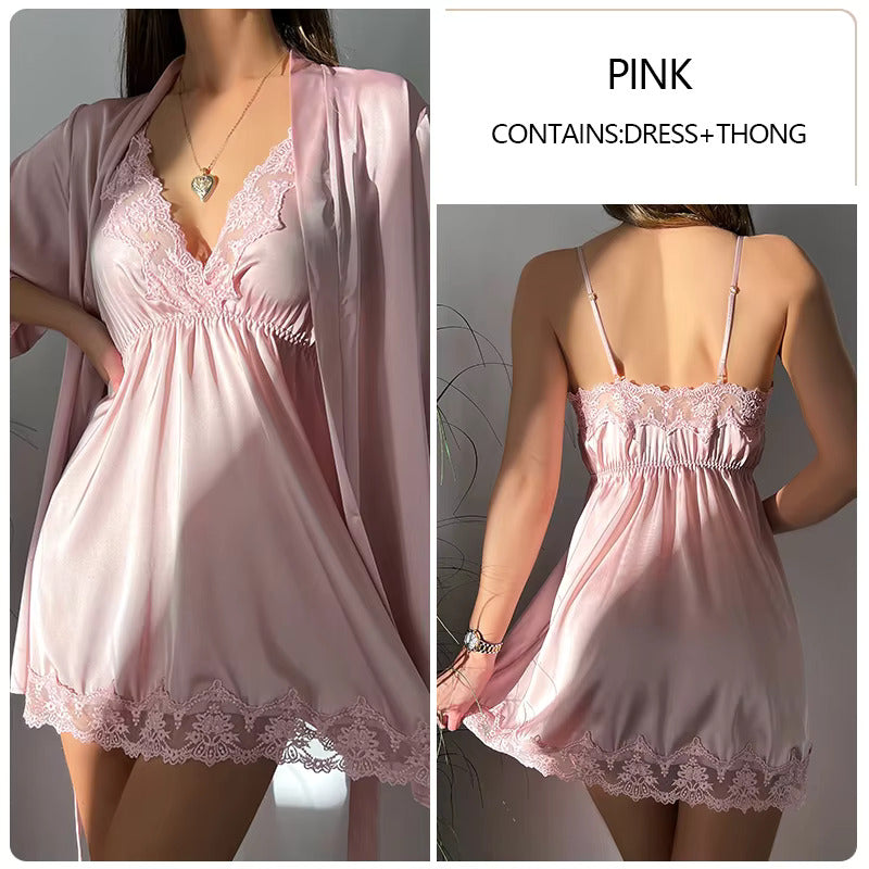 New Hot Sexy Lace Trim Silk Satin Nightgown