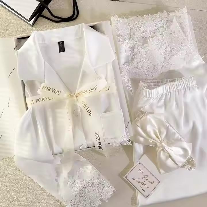 Women's Silk Luxury Women Sleepwear Sets Satin Pearl White
