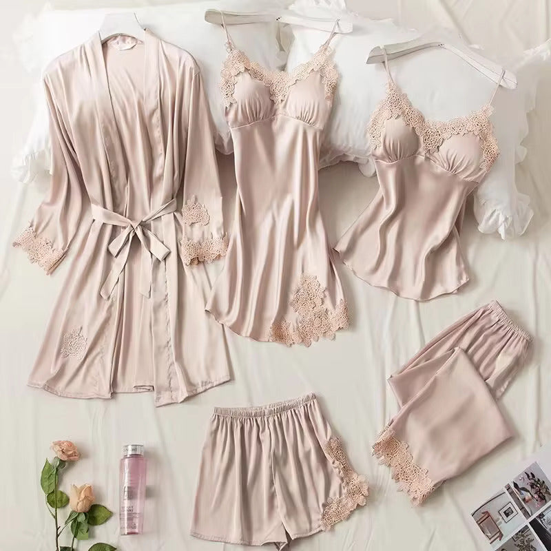 Luxury Silk Satin 5 Pieces Loungewear Set Beige