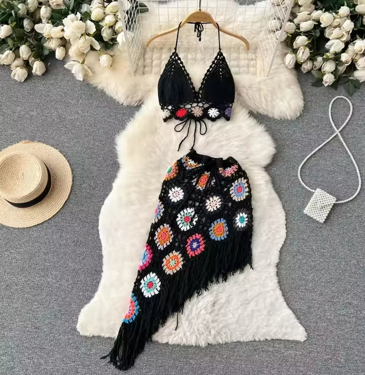Boho Bloom Crochet Co-ord Set Black