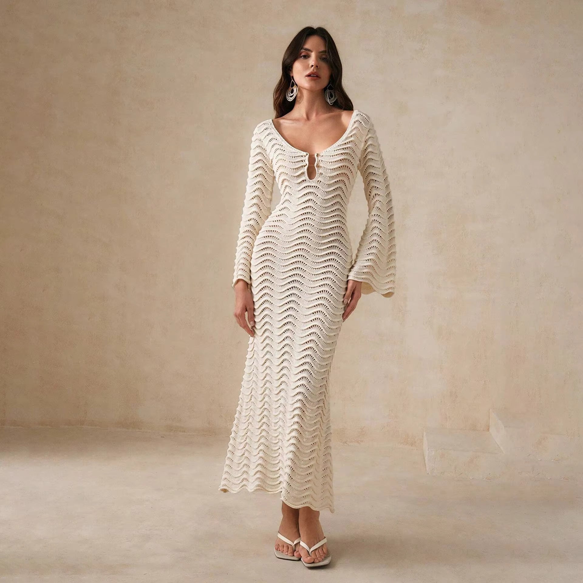 Crochet Knit Long Flare Sleeve Bodycon Dress Ivory