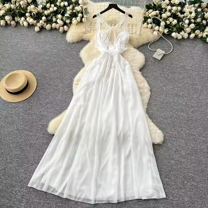 Deep V-Neck 3d Floral Strap Dress With High Slit Women'S Maxi Gown Summer Vacation Dress