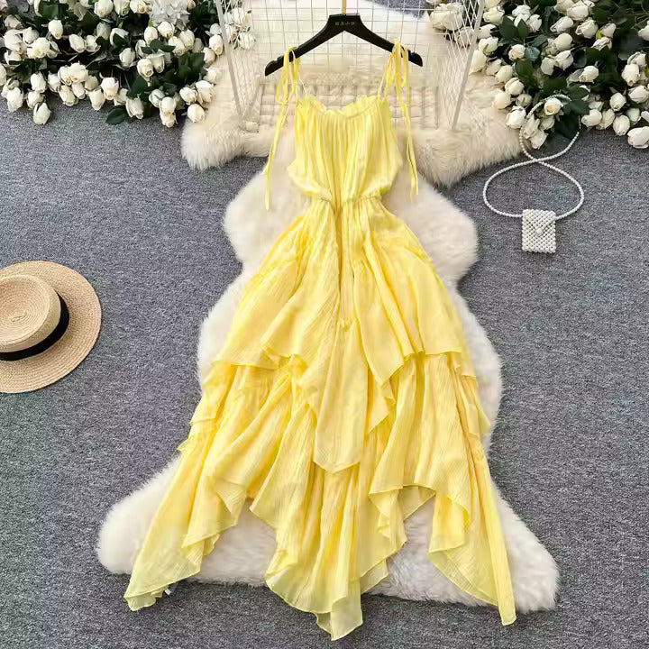 Fairycore Asymmetric Tunic Slim Casual Midi Dress for Women Ruffled Lace Dress Yellow