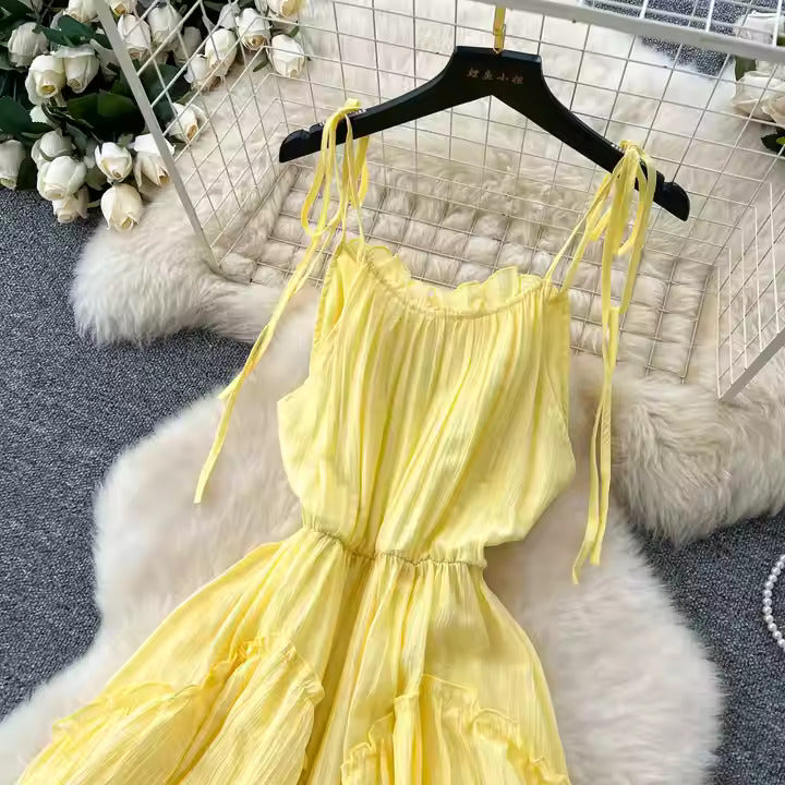 Fairycore Asymmetric Tunic Slim Casual Midi Dress for Women Ruffled Lace Dress Yellow