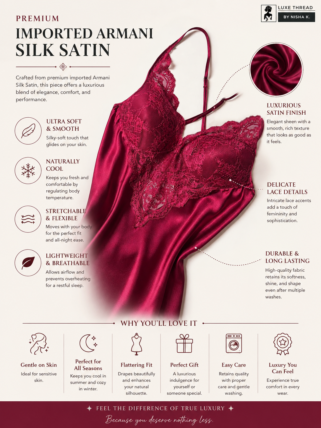 Elegant Silk Satin Nightwear 5-Piece Women’s Sleepwear Set – Wine Red