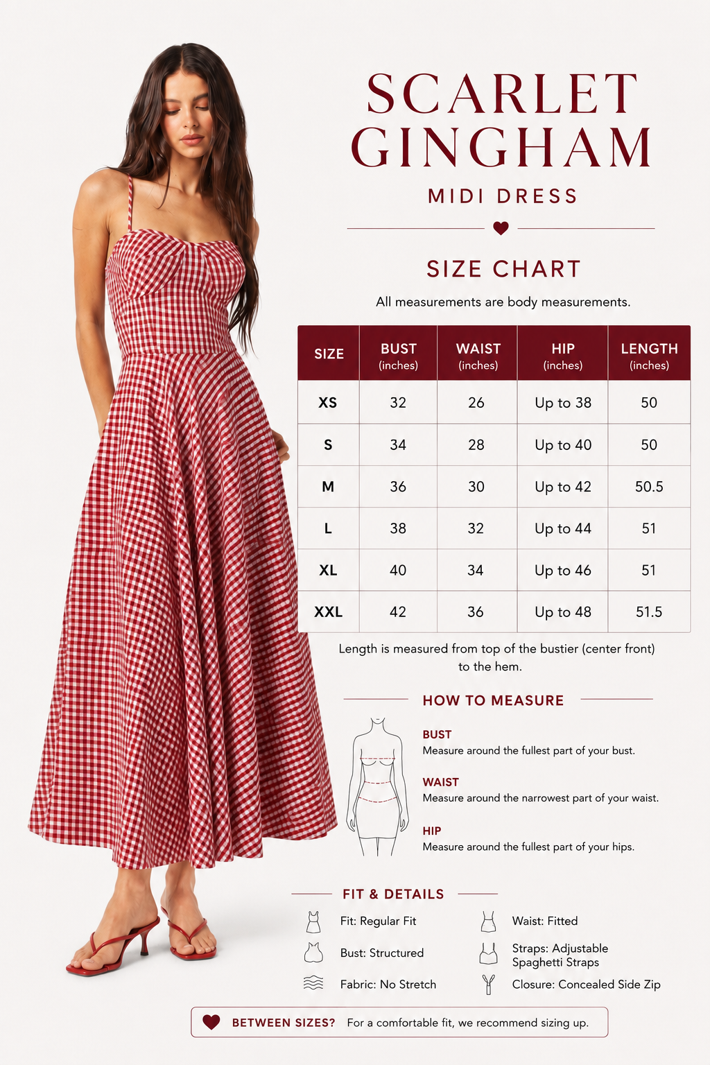 Scarlet Gingham Midi Dress with Spaghetti Straps