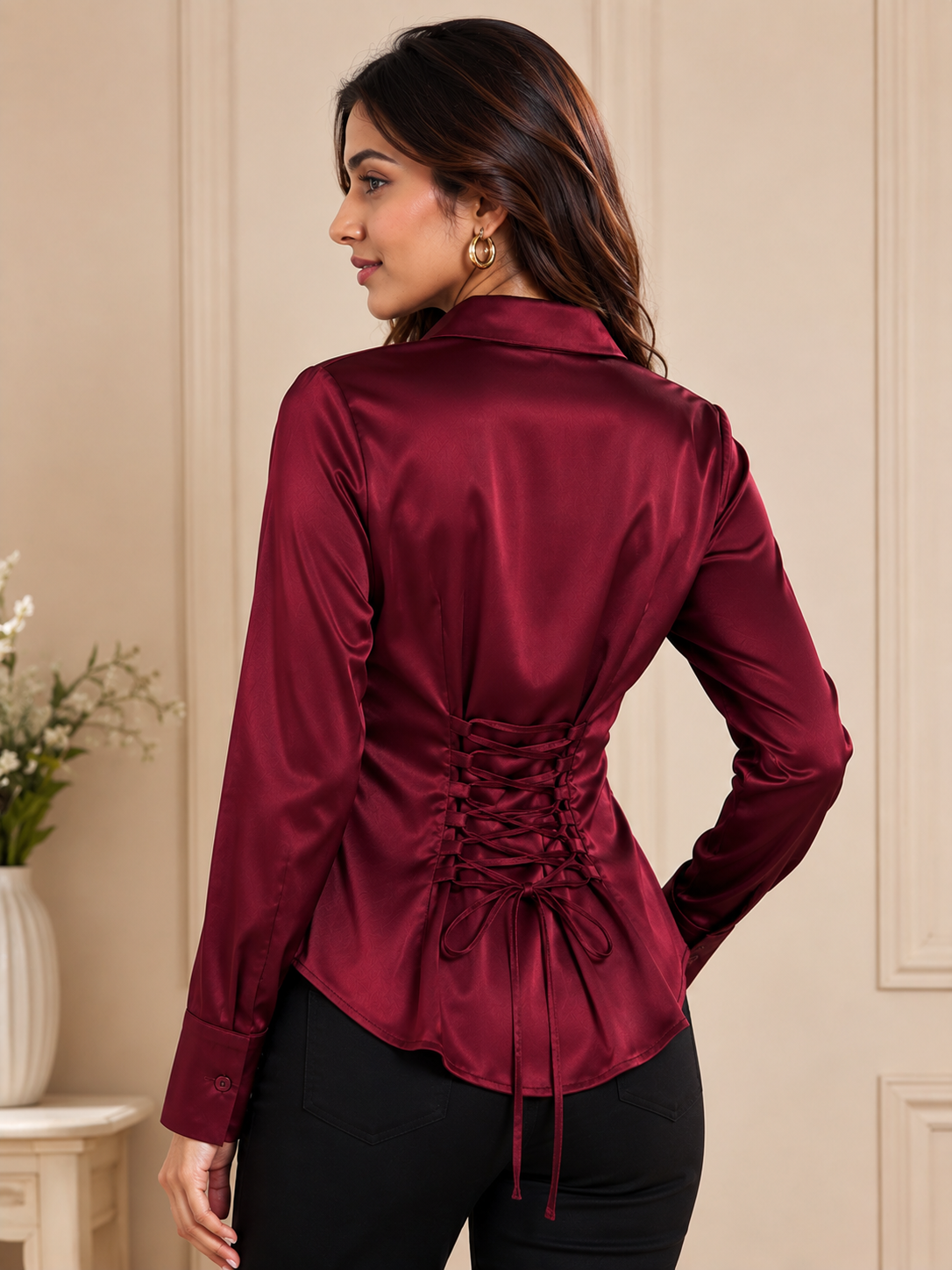 Wine Red Luxe Satin Corset Shirt – Sculpted Fit Edition